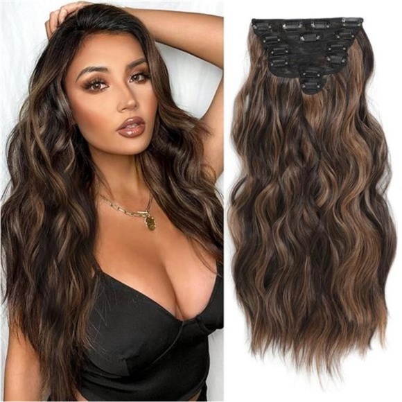 6PCS Long Wavy Curly Clip on Hair Extensions Dark Roasted Coffee